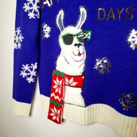 Joe Boxer Women’s 3D Happy Holidays Furry Llama Switching Sequin Blue Sweater S - Picture 4 of 7